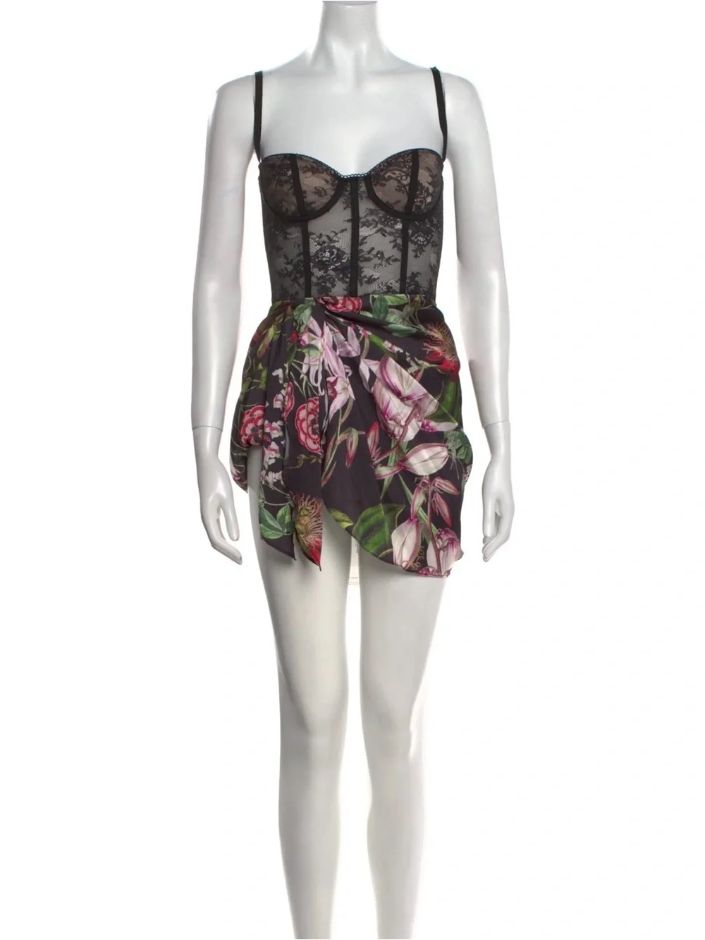 Katie May Black Lace Bustier Mini Dress with Pink Floral Skirt